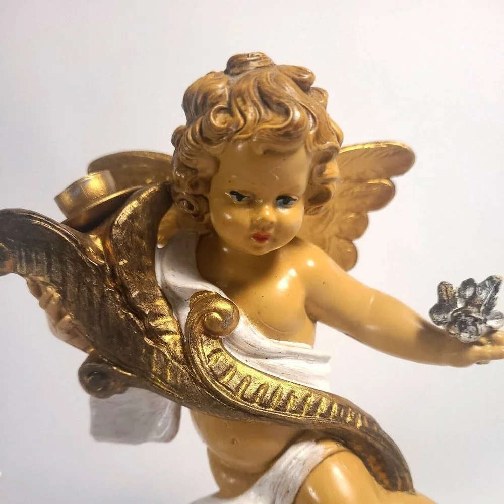 Vtg Fontanini Italy chubby Cherub Tapered Candle Holders #5042 & #5043 blue eyes